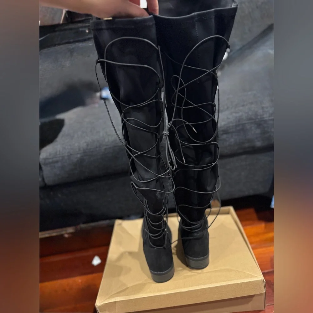 Fashion Nova Ramona Flat Black over the knee Boots Size 7.5